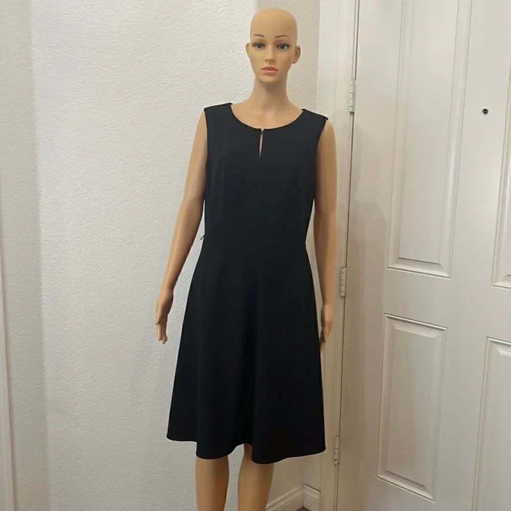 Calvin Klein Dress Size 12 Black Gold Hardware Cutout Midi Zipper Back Slimming